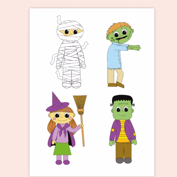 Halloween värityskuvat muumio noita zombi frankensteinen hirviö