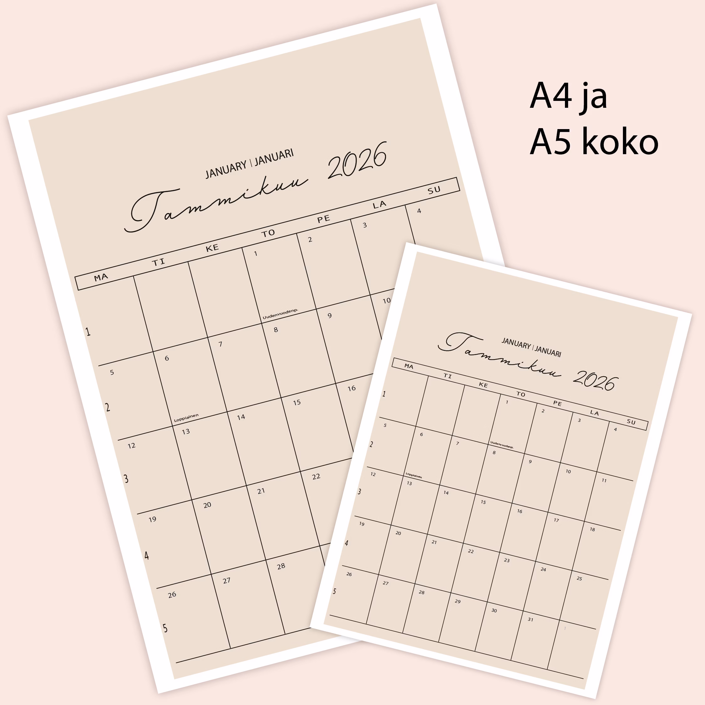 RUUDUKKO seinäkalenteri 2026 RAUHA A4 ja A5 koko