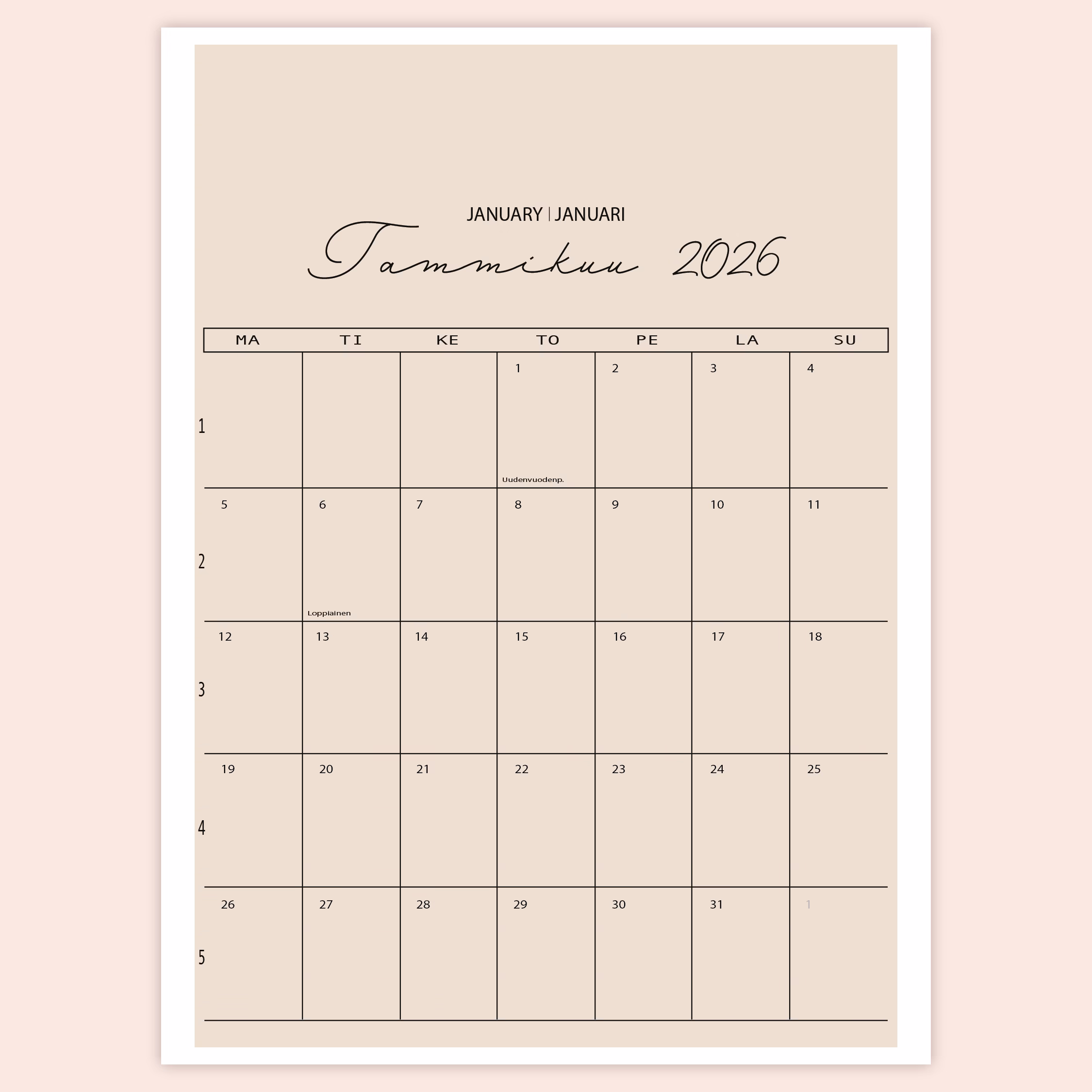RUUDUKKO seinäkalenteri 2026 RAUHA-Tammikuu