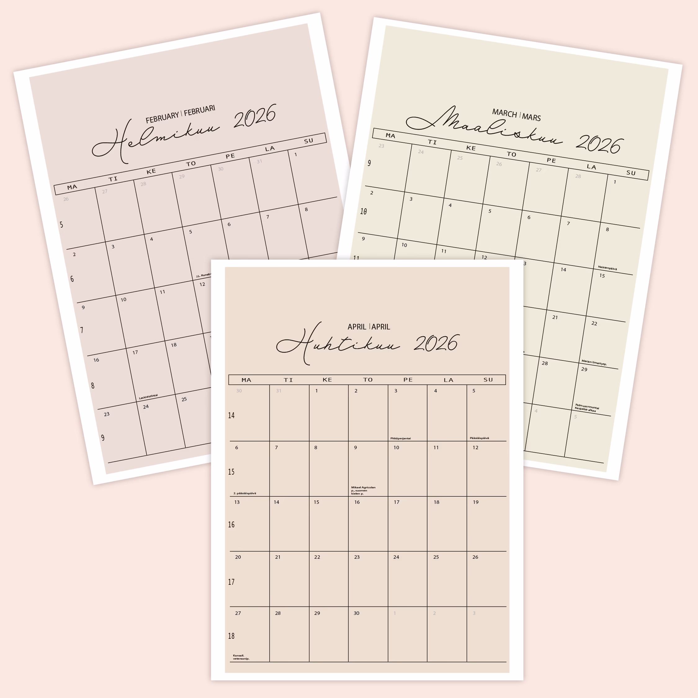 RUUDUKKO seinäkalenteri 2026 RAUHA-helmikuu maaliskuu huhtikuu