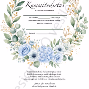 tulostettava kummitodistus - Kukkakaari vaaleansininen