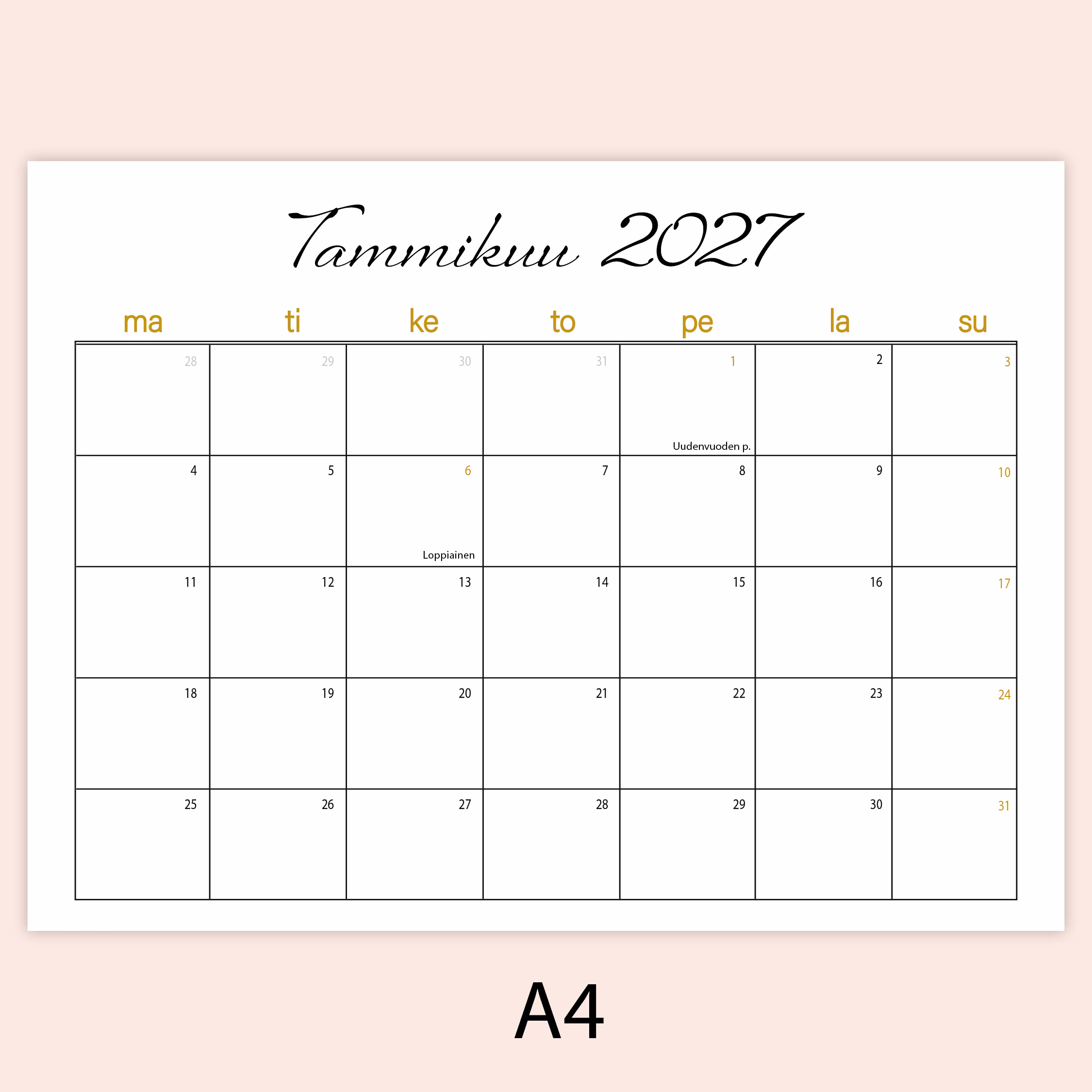 Tulostettava vuoden 2027 seinäkalenteri (A4 & A5) – tyylikäs mustavalkoinen kalenteri kultaisilla yksityiskohdilla - Image 2