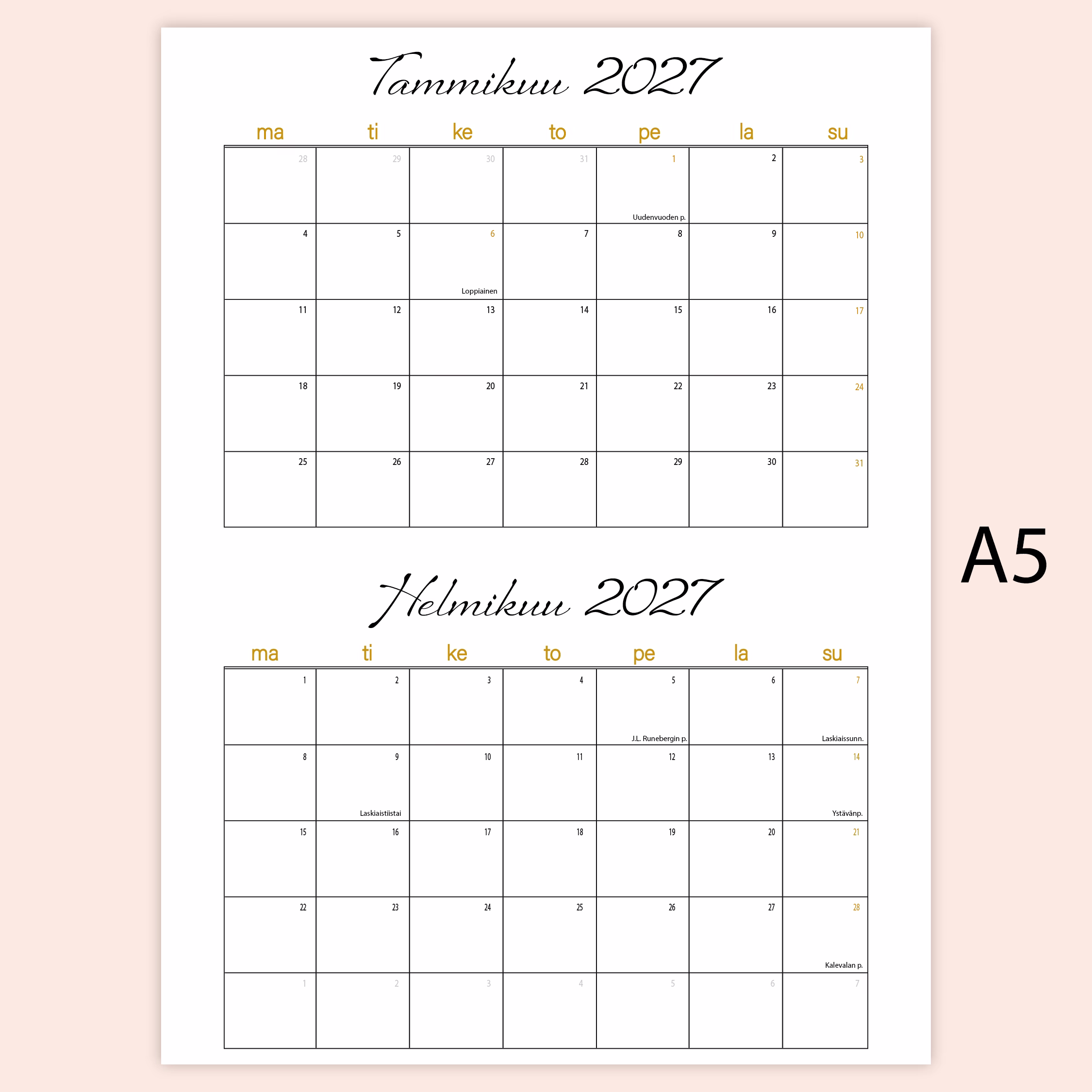 Tulostettava vuoden 2027 seinäkalenteri (A4 & A5) – tyylikäs mustavalkoinen kalenteri kultaisilla yksityiskohdilla - Image 3