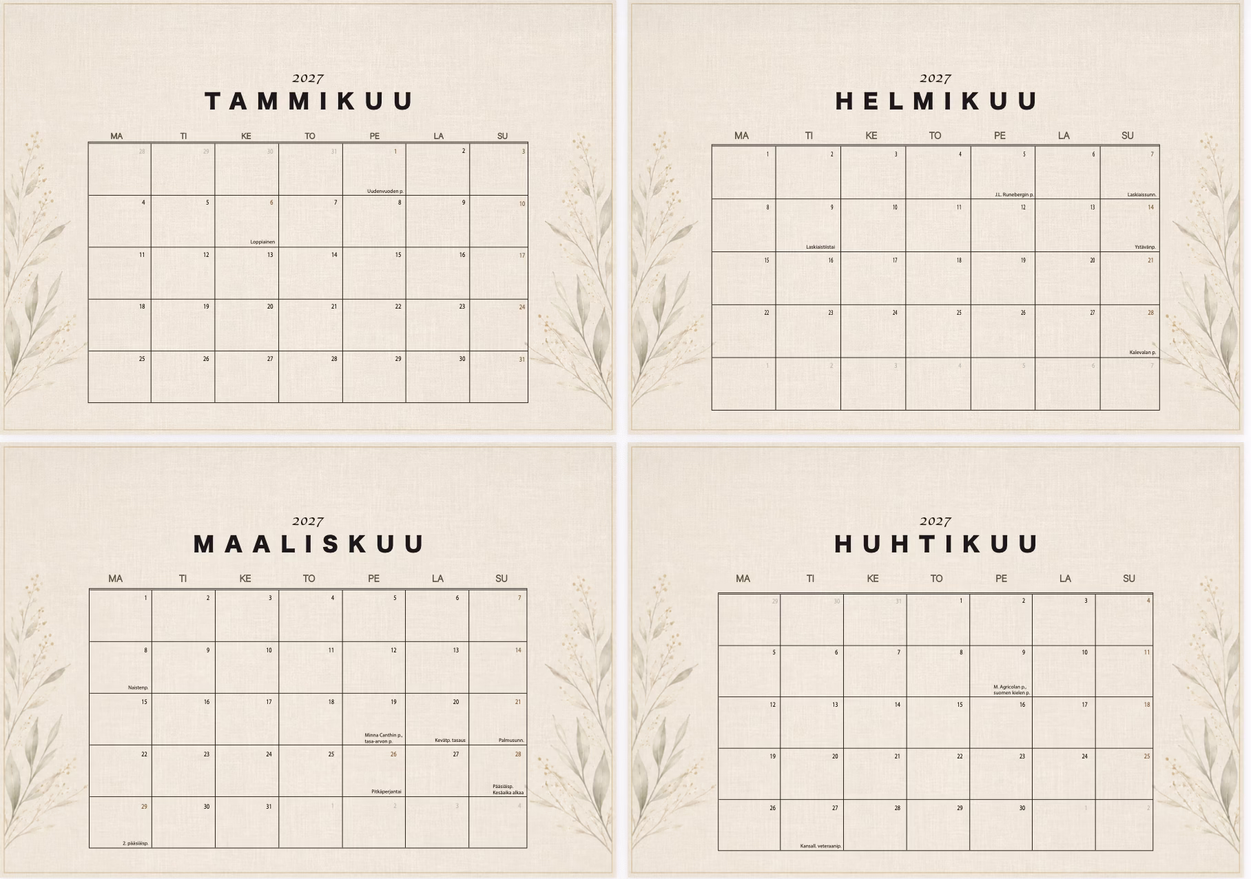 Kalenteri 2027 vaakasuunta BEIGE heinät A4 tammikuu helmikuu maaliskuu huhtikuu