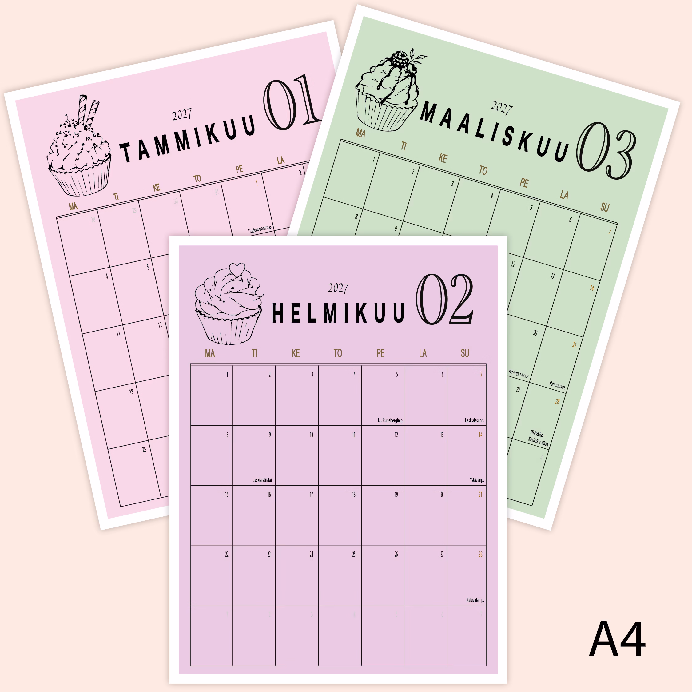 Seinäkalenteri A4 pysty Ruudukko CUPCAKE