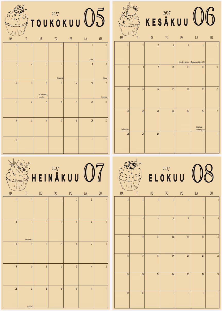 Ruudukko – CUPCAKE BEIGE - Tulostettava vuoden 2027 seinäkalenteri (A4) - Image 4