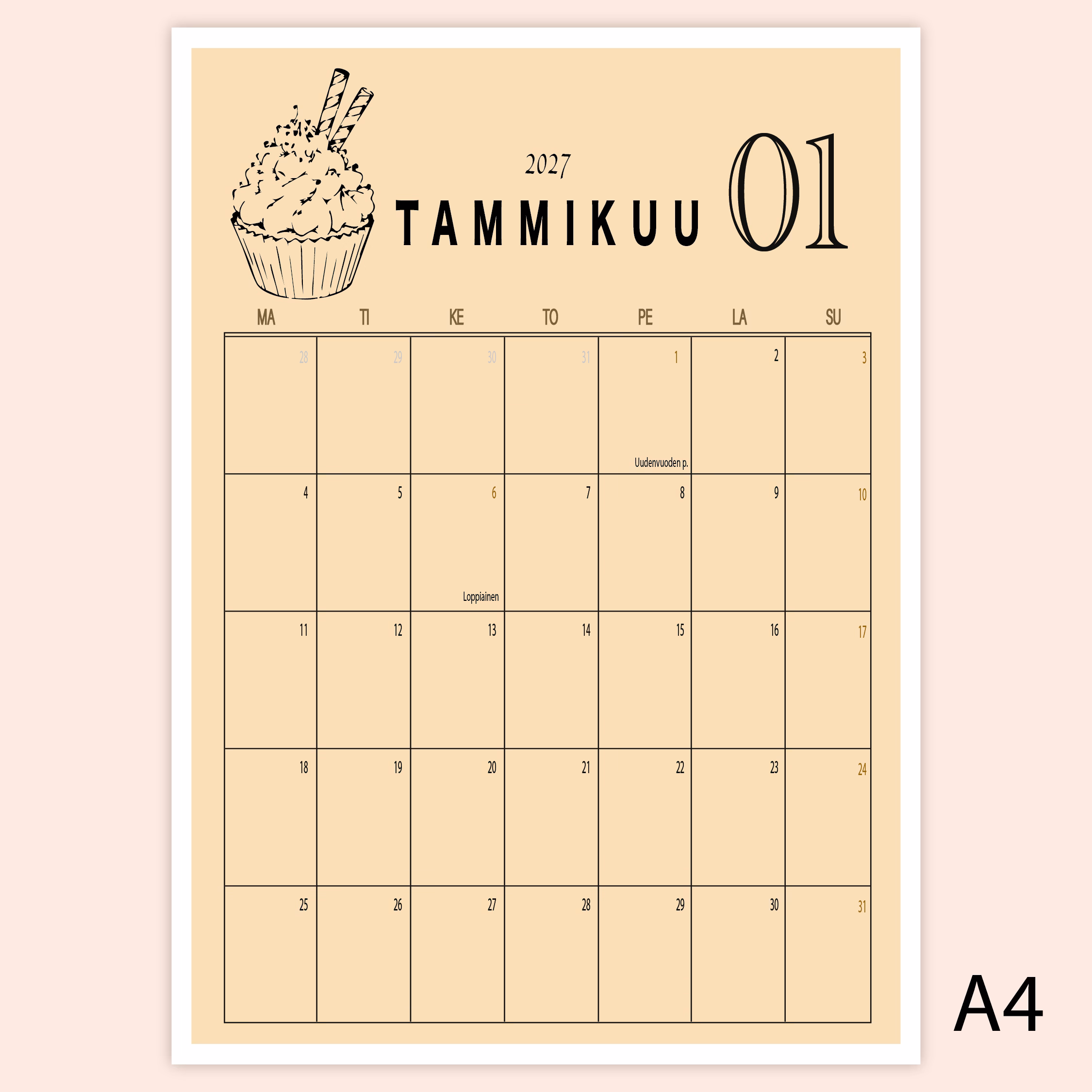 Seinäkalenteri A4 pysty Ruudukko CUPCAKE BEIGE