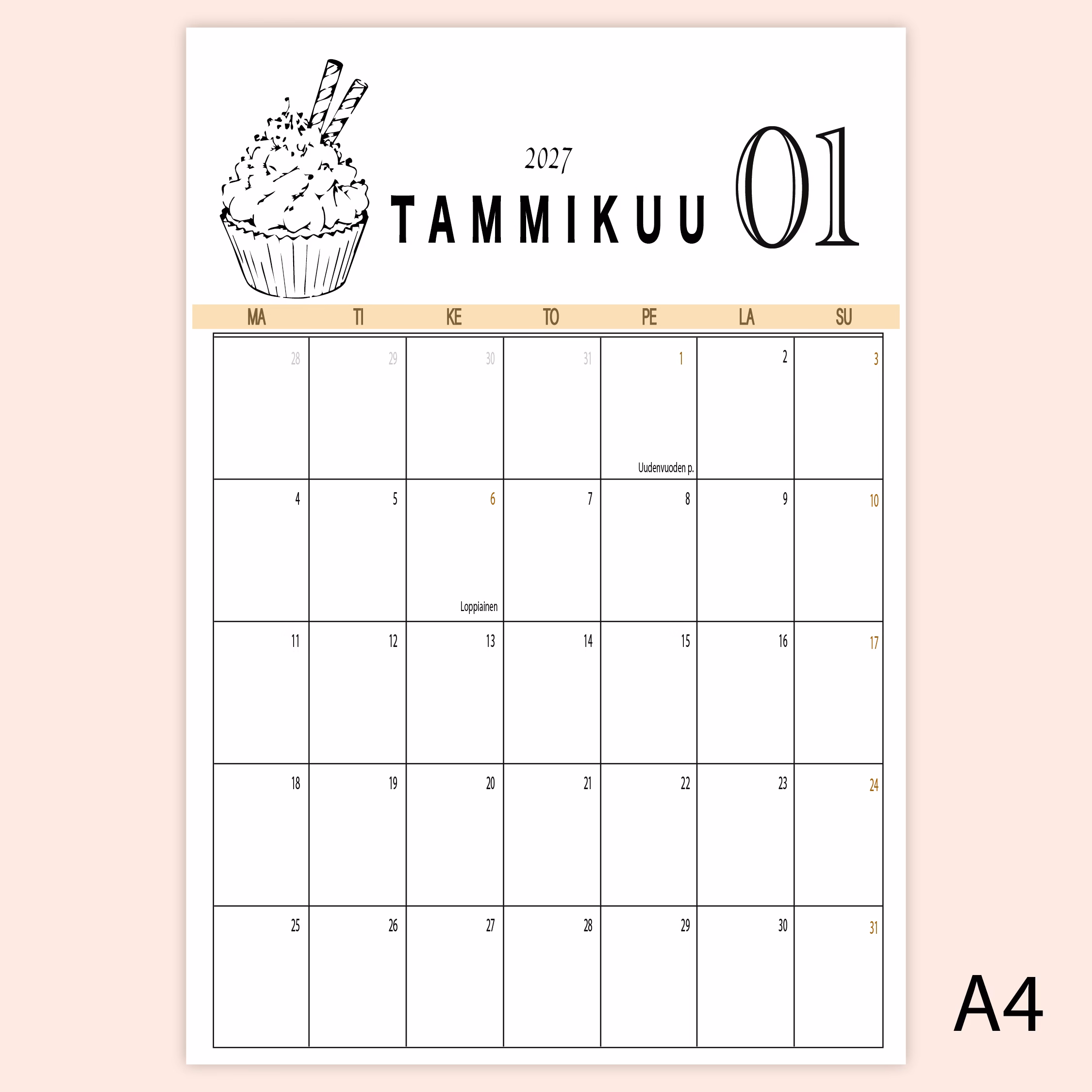 Ruudukko – CUPCAKE WHITE - Tulostettava vuoden 2027 seinäkalenteri (A4)