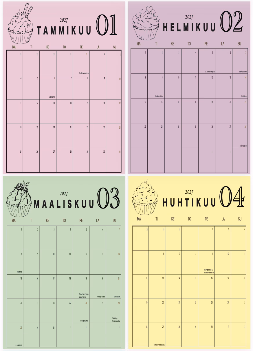 Ruudukko – CUPCAKE PASTELLI - Tulostettava vuoden 2027 seinäkalenteri (A4) - Image 3