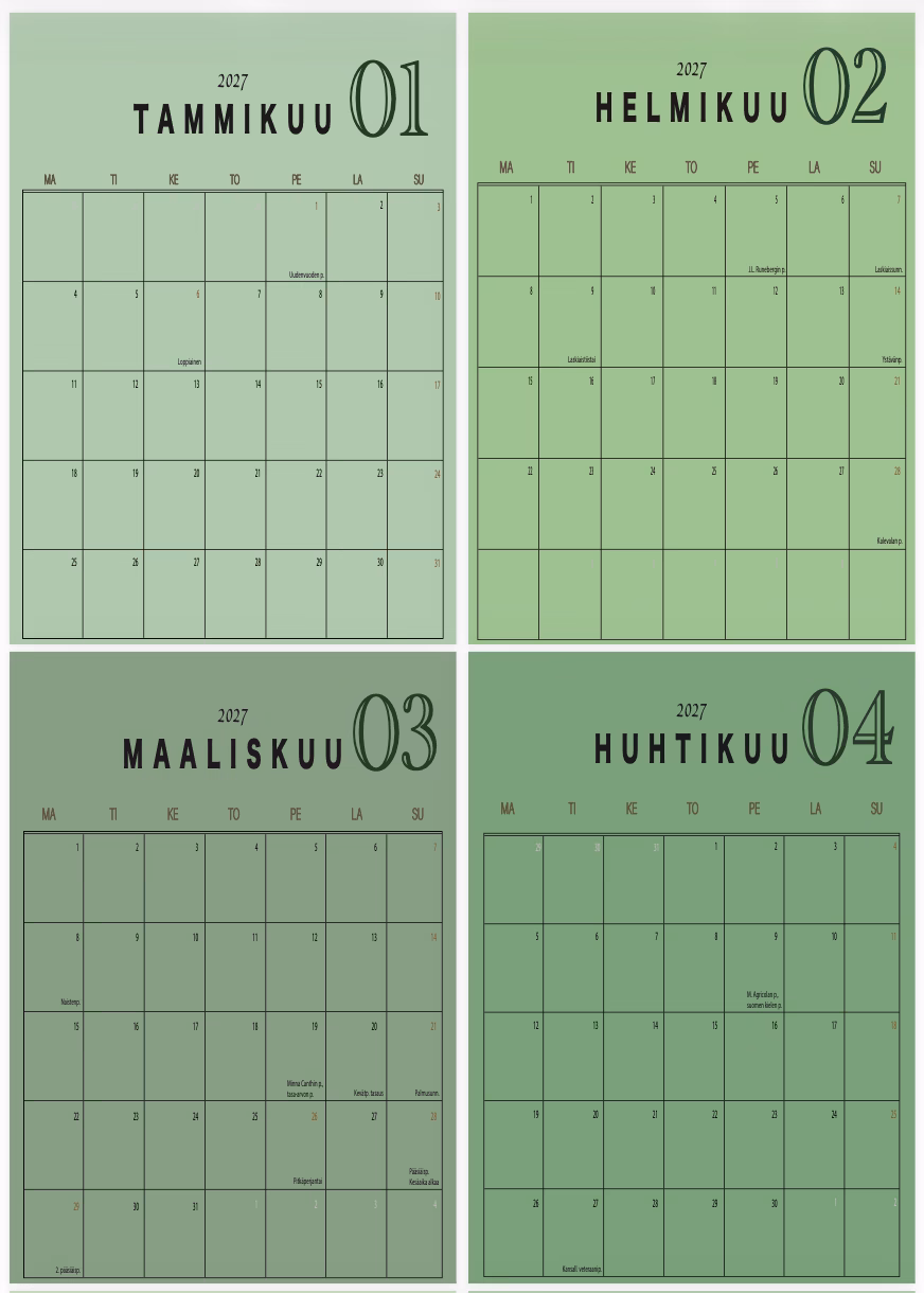 Ruudukko – FORREST – Tulostettava vuoden 2027 seinäkalenteri (A4 & A5) - Image 4